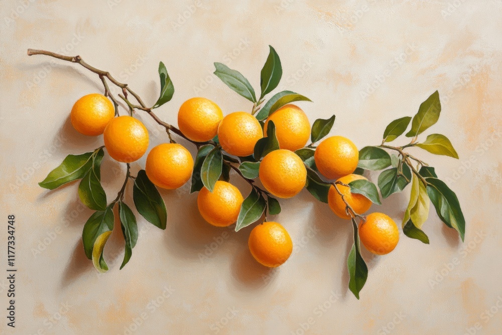 Poster a pixel art depiction of a kumquat branch, with bright blocky oranges and green leaves against a sim