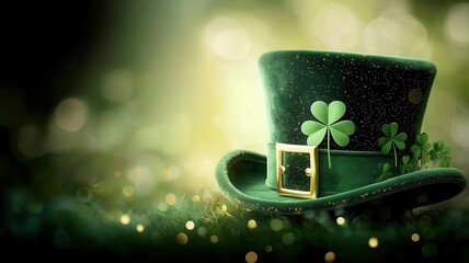 Irish top hat three with leaf clover green St patricks day pattern concept. Green leprechaun hat...