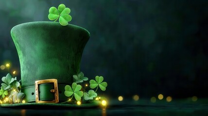 Irish top hat three with leaf clover green St patricks day pattern concept. Green leprechaun hat surrounded by clovers and festive lights.