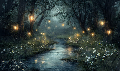 Fototapeta premium Enchanting twilight scene of a tranquil stream flowing through a magical forest, illuminated by hanging lanterns along the banks.