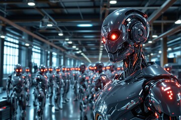 Fototapeta premium Close-up of a futuristic robot with glowing red eyes, standing amidst a line of identical robots in an industrial factory setting, concept of AI. Ai generative.