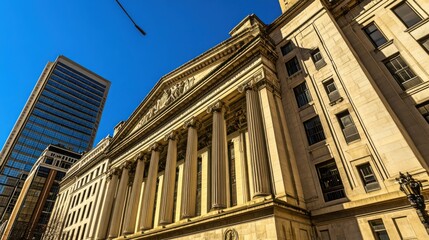 Obraz premium Federal Reserve building facade showcasing the iconic architecture and symbolic representation of economic stability and monetary policy in the United States.