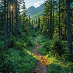 Obraz premium Winding forest path at sunset in mountain valley. Background sun peeking through trees. Use for travel, nature, or adventure themes