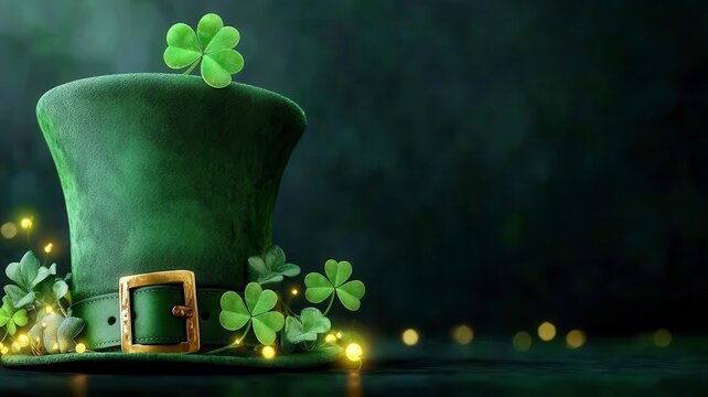 Irish top hat three with leaf clover green St patricks day pattern concept. Green leprechaun hat surrounded by clovers and festive lights.
