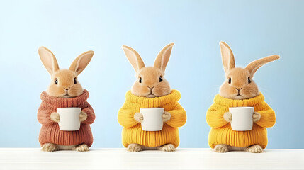 Fototapeta premium Three cute bunnies in sweaters holding mugs against a light blue background; perfect for spring or Easter cards.