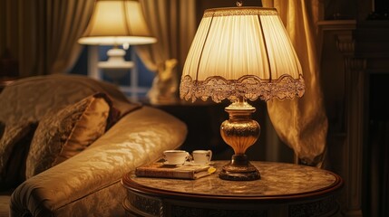 Intricate table lamp with ornate carvings, lighting up a cozy nook in a luxurious vintage living room setting.