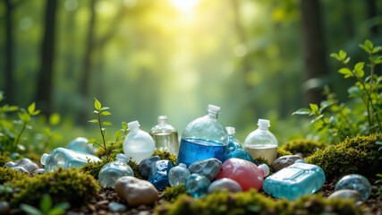 A collection of colorful plastic bottles scattered in a natural forest setting, highlighting pollution.