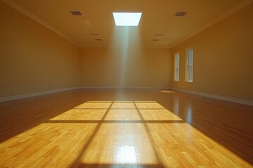 Obraz premium Sunbeam through skylight illuminates empty room with wood floor and side windows