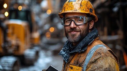 Construction worker wearing a yellow hard hat and winter gear holds a tablet at a snowy worksite, showcasing technology, safety, and resilience in harsh conditions