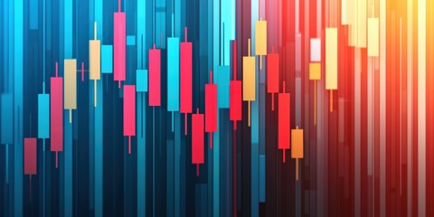 A colorful, abstract representation of financial market trends featuring candlestick charts and vibrant vertical lines.