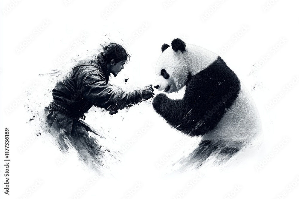 Poster a playful illustration of a kung fu practitioner sparring with a panda, set against a white backgrou