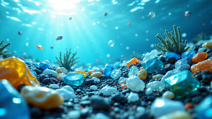 Naklejka premium A captivating underwater landscape showcasing colorful gems and coral, emphasizing clarity and beauty.