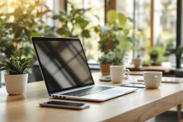 Laptop with blank screen on a wooden desk surrounded by plants, coffee cups, and devices in a bright, naturally lit workspace. Minimalist office concept. Ai generative