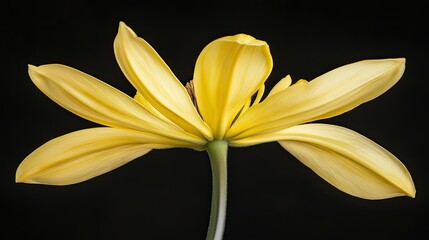 Obraz premium Close-up of a climbing ylang-ylang flower, its vibrant yellow petals standing out beautifully against a rich black background.