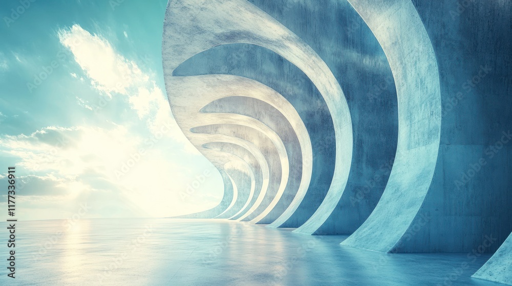 Aufkleber a serene architectural landscape with curved concrete structures and a tranquil atmosphere.