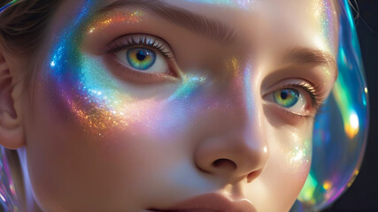 Close-up of a woman's face with translucent glass skin that refracts light into shimmering rainbows, combining natural beauty with surreal elegance