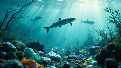 Naklejka premium An underwater scene featuring sharks gliding gracefully through clear blue waters, illuminated by sunlight.