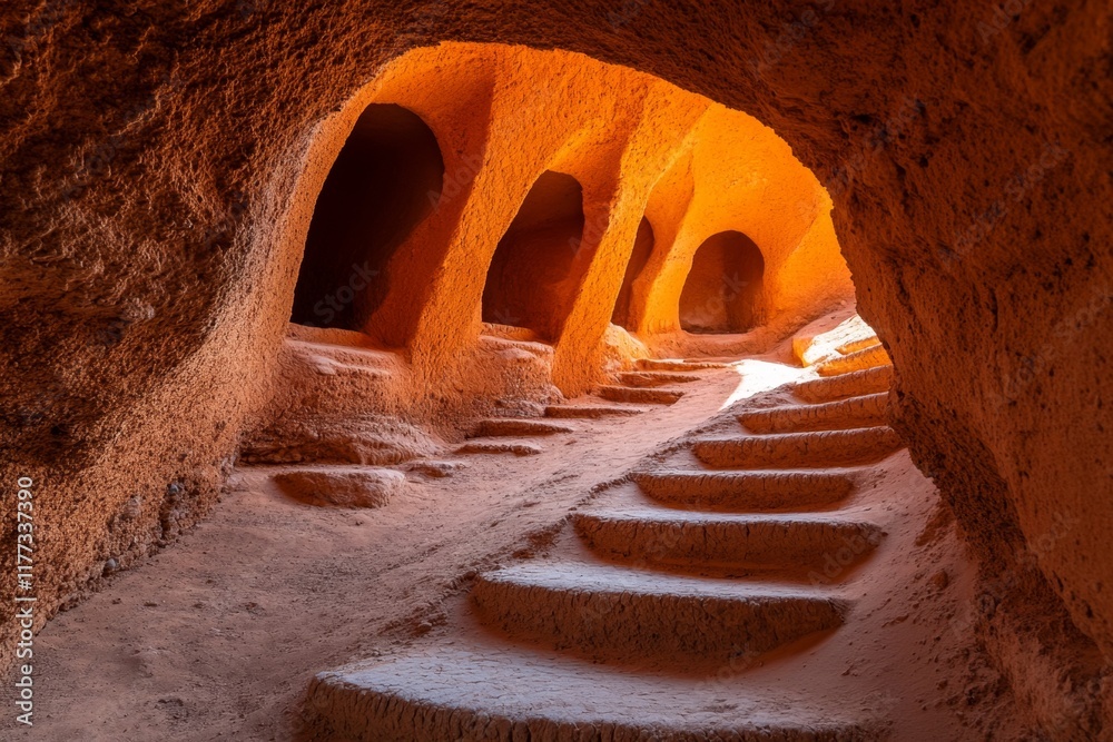 Poster A realistic view of the narrow staircases inside a ksar, with the light filtering through small openings in the walls