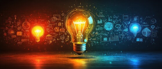 A vibrant light bulb surrounded by colorful icons representing ideas and innovation.