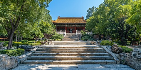 Chinese Temple Garden Steps, Sunny Day, Peaceful