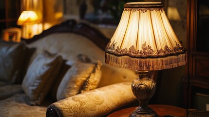 Luxurious vintage living room with a cozy corner illuminated by an intricately carved classic table lamp.