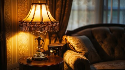 Luxurious vintage living room with a cozy corner illuminated by an intricately carved classic table lamp.