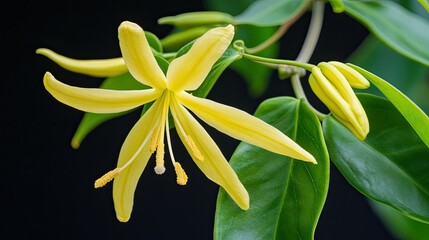 Obraz premium Close-up of a yellow climbing ylang-ylang flower with its natural details enhanced by a minimalistic black background.
