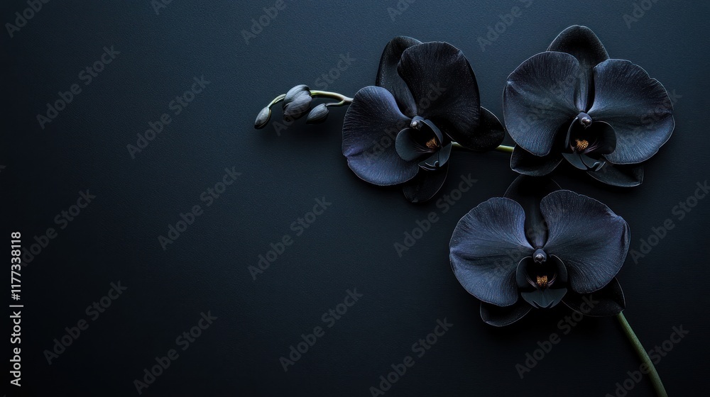 Poster a serene arrangement of dark orchids against a minimalist background.