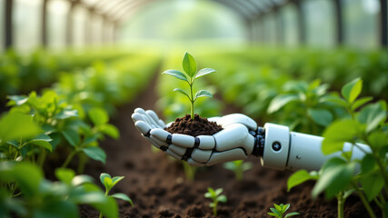 A robotic hand gently supports a young green plant in a farming environment.