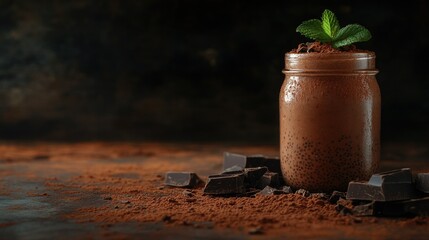 Naklejka premium Close-up of creamy chocolate chia overnight oats in a glass jar, topped with cocoa powder and a sprig of mint, styled with copy space on a neutral background
