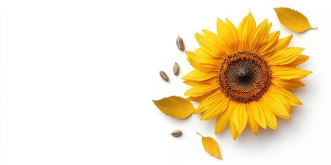 Vibrant Sunflower with Yellow Leaves and Seeds on White Background Perfect for Nature Themes