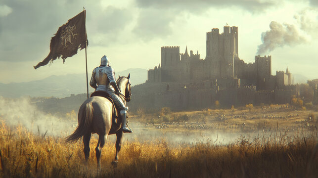 knight in silver armor rides horse, holding flag, facing distant castle. scene captures sense of adventure and anticipation, with dramatic landscape