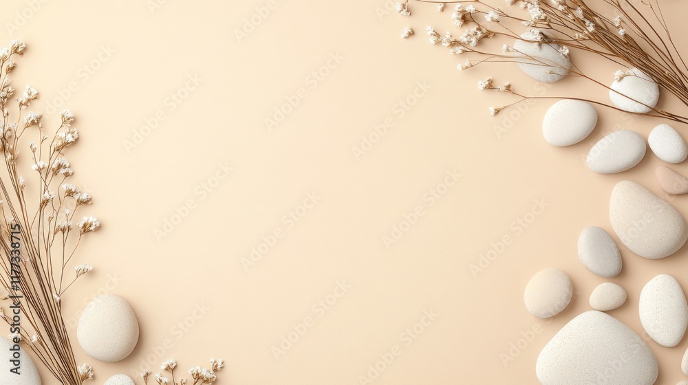 Aufkleber a serene arrangement of pebbles and dried flowers on a soft background, creating a calming aesthetic
