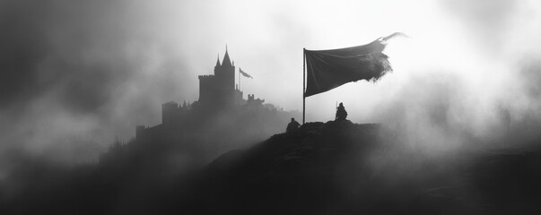 Knights charging through thick fog, their flags piercing mist, evoke sense of mystery and adventure. silhouette of castle looms in background, enhancing dramatic atmosphere