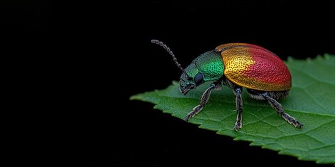 Naklejka premium Colorful beetle perched on green leaf against a dark background showcasing vibrant iridescence