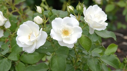 Beautiful White Roses in Bloom Surrounded by Lush Green Foliage in Garden Setting