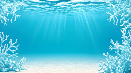 Underwater ocean scene with coral framing sandy seabed, sunbeams penetrating water, ideal for marine life, travel, or environmental themes.