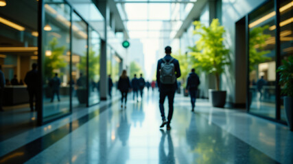 Fototapeta premium A vibrant corridor bustling with people, featuring natural light and lush indoor plants.