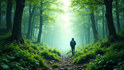 Fototapeta premium A tranquil forest scene with vibrant green trees and a solitary figure walking along a path.