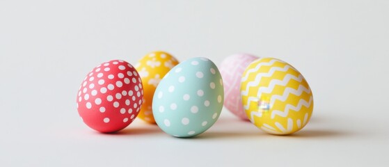 Fototapeta premium five decorated easter eggs on a white surface