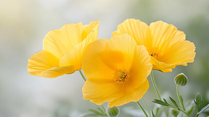 Obraz premium Vibrant yellow poppies blooming in a garden, soft focus background, ideal for spring or summer themes, nature photography, greeting cards, or websites.