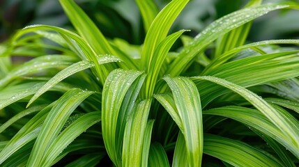Obraz premium Close-up of vibrant green leaves glistening with dew, their freshness reflecting the ecological purity of the surrounding garden.