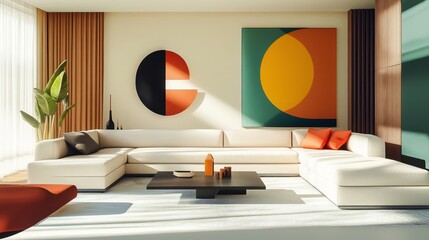 Spacious modern living room featuring a large sectional sofa, minimalist decor, and vibrant abstract geometric accents