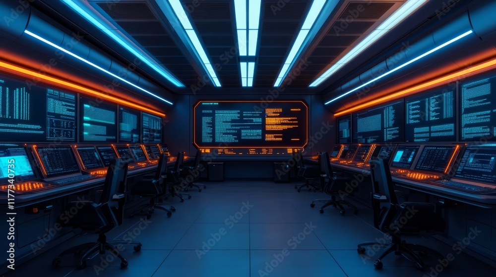 Poster futuristic control room with high-tech workstations and illuminated screens designed for advanced da