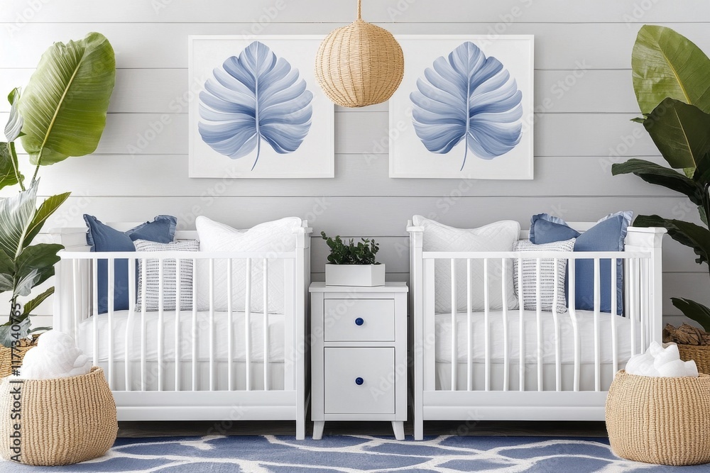 Poster A simple graphic of twin cribs with identical designs, placed symmetrically on a clean white background