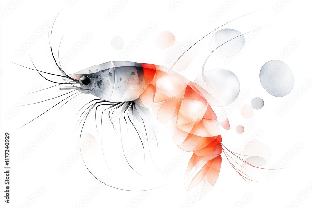 Poster a simple line art depiction of a single krill, with clean, geometric shapes and translucent detailin