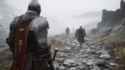 dynamic shot of knights navigating uneven rocky terrain in misty landscape, showcasing their armor and determination. atmosphere evokes sense of adventure and challenge