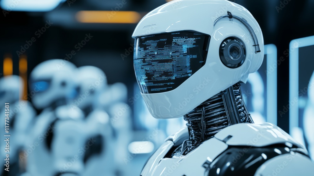 Poster futuristic humanoid robot with a transparent digital display and intricate mechanical details in a h