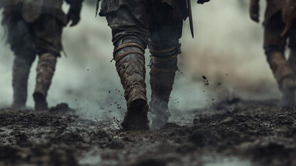 dynamic shot of knights stepping through muddy terrain, showcasing their determination and resilience amidst challenging environment. atmosphere is thick with mist and mud