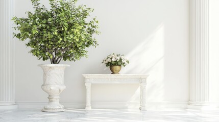 Opulent Indian-Inspired Modern Grand Foyer with Marble Inlay Floor, Carved Console Table, and Tall Brass Urn Filled with Seasonal Flowers Cinematic Image